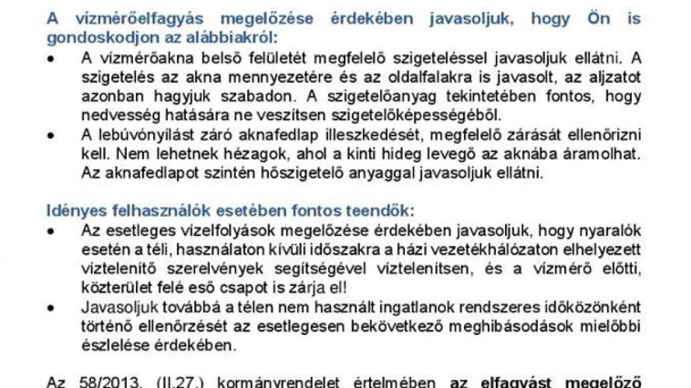 Lakossági tájékoztató a vízmérő-elfagyásról 